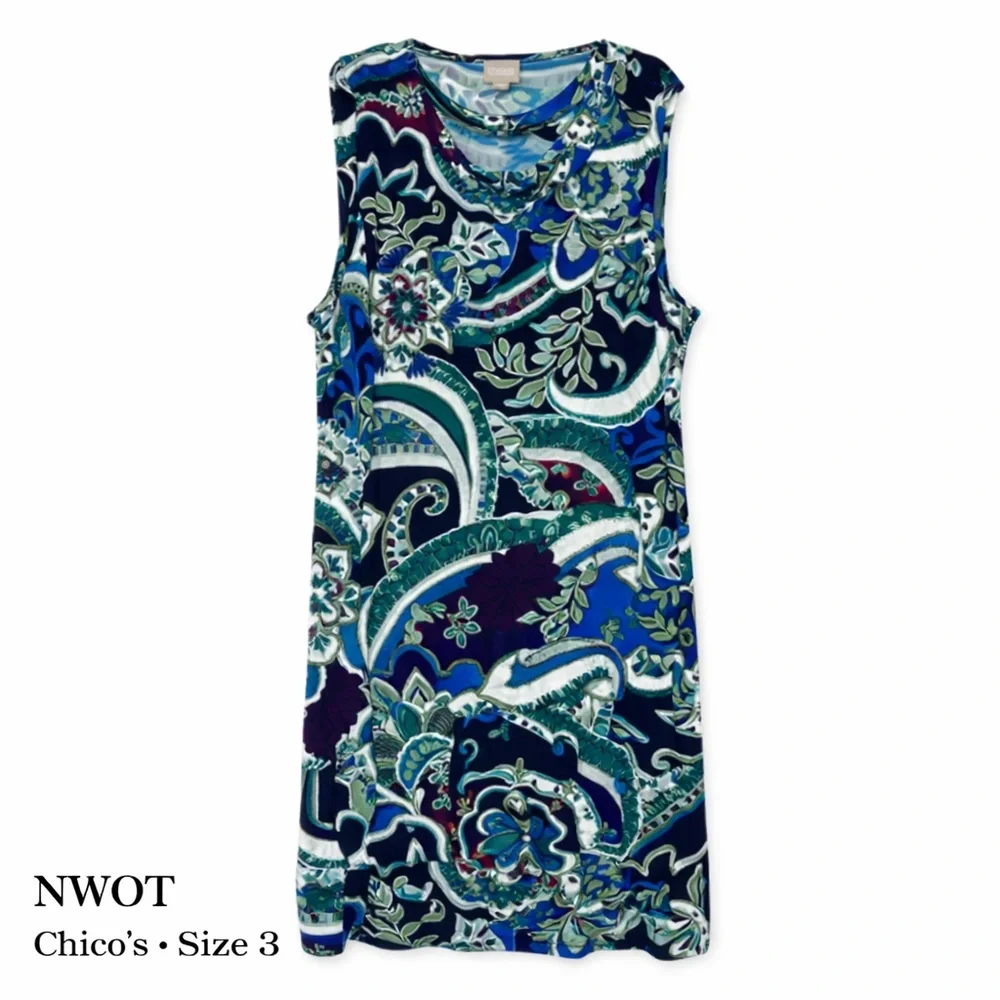 NWOT Chico’s Sleeveless Paisley Print Shift Dress Blue Green Stretch Size 3 - Picture 3 of 15
